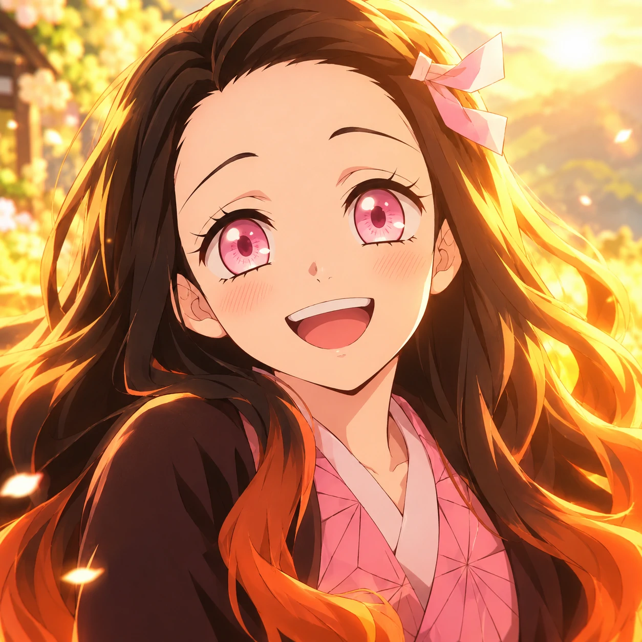 Nezuko Kamado smiling in warm sunlight without her muzzle, hopeful Demon Slayer profile picture