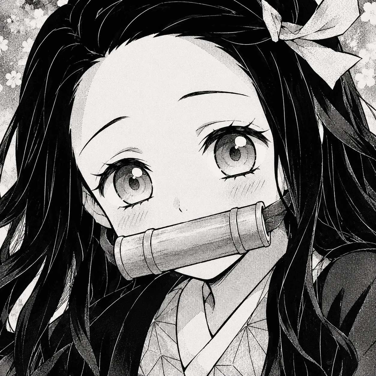 Nezuko manga panel with soft screentone and gentle eyes, black and white anime girl pfp