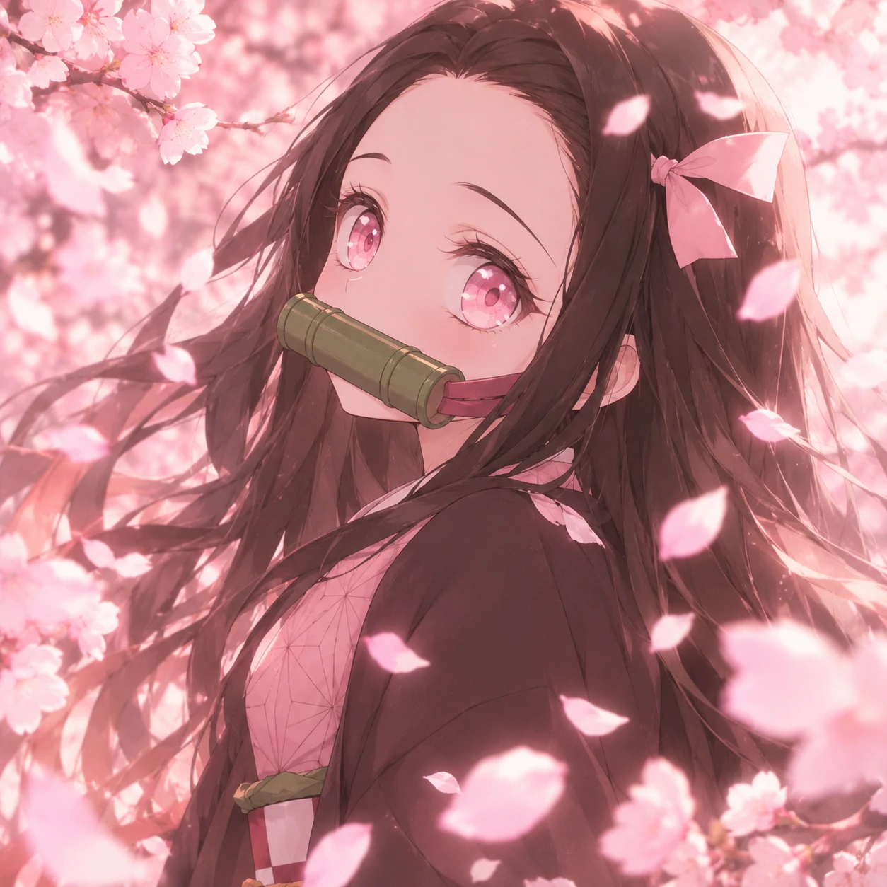 Nezuko surrounded by falling sakura petals in soft pink tones, aesthetic anime girl pfp