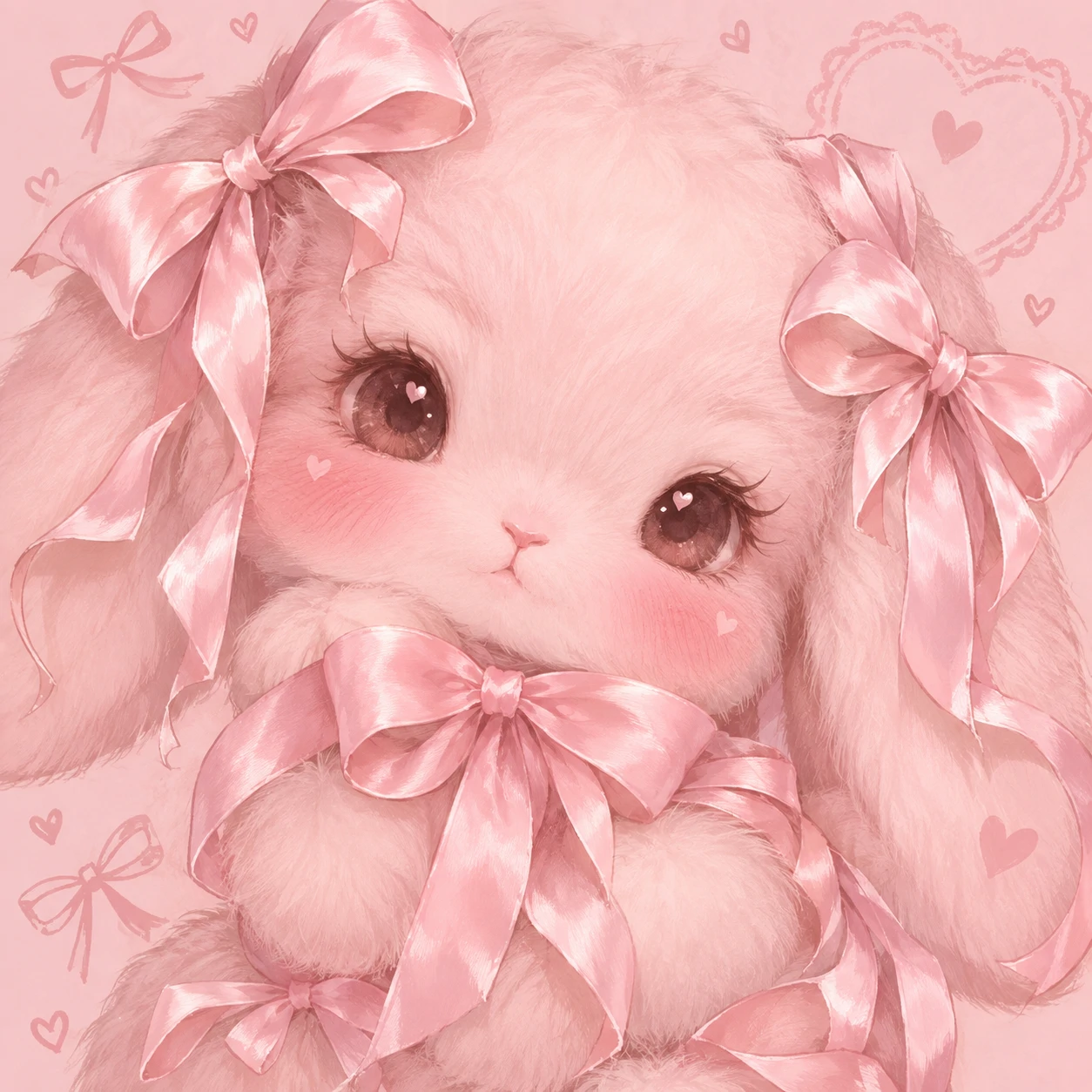 Pink coquette bunny pfp with satin ribbon bows and blush cheeks