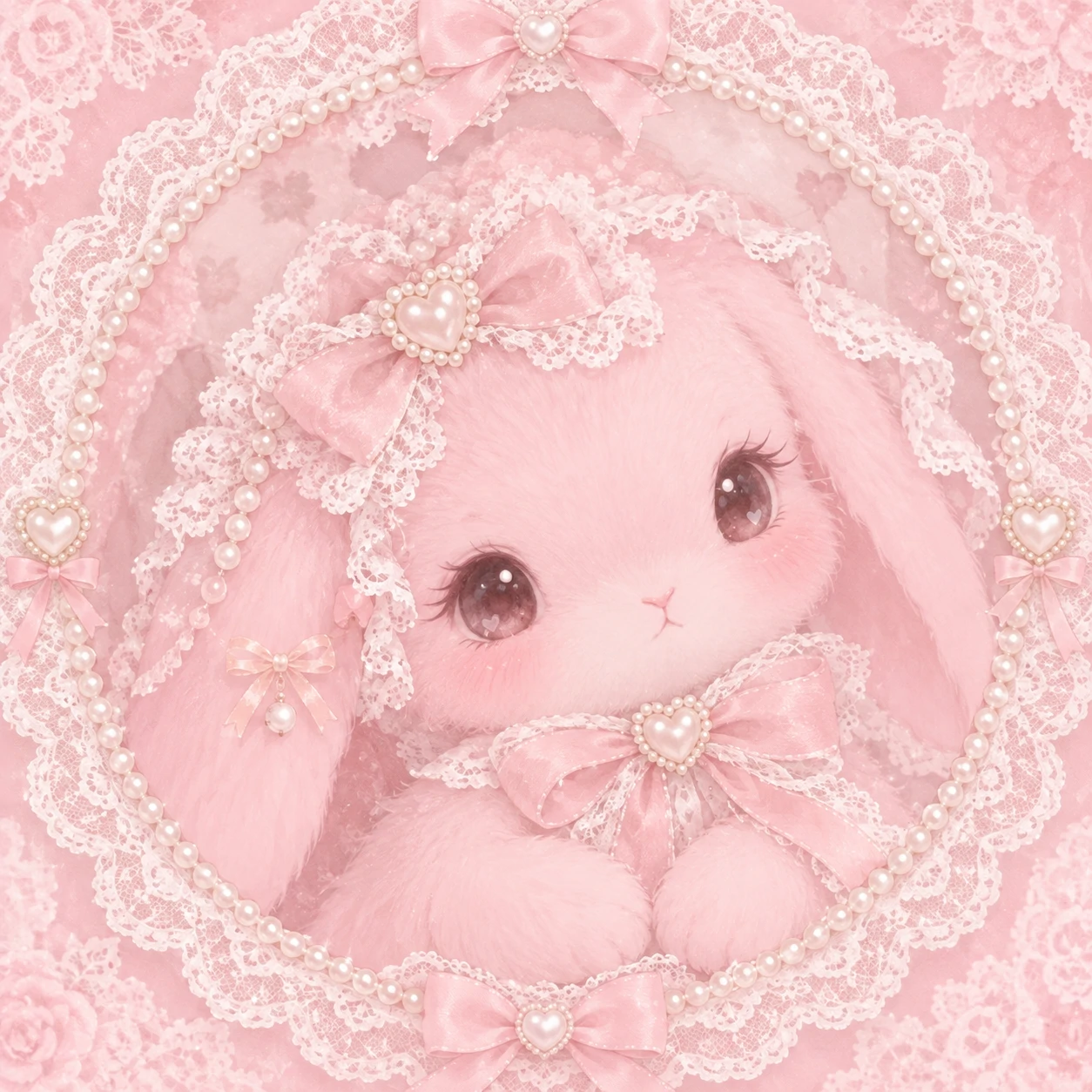 Soft girl pink bunny pfp with lace trim and pearl details