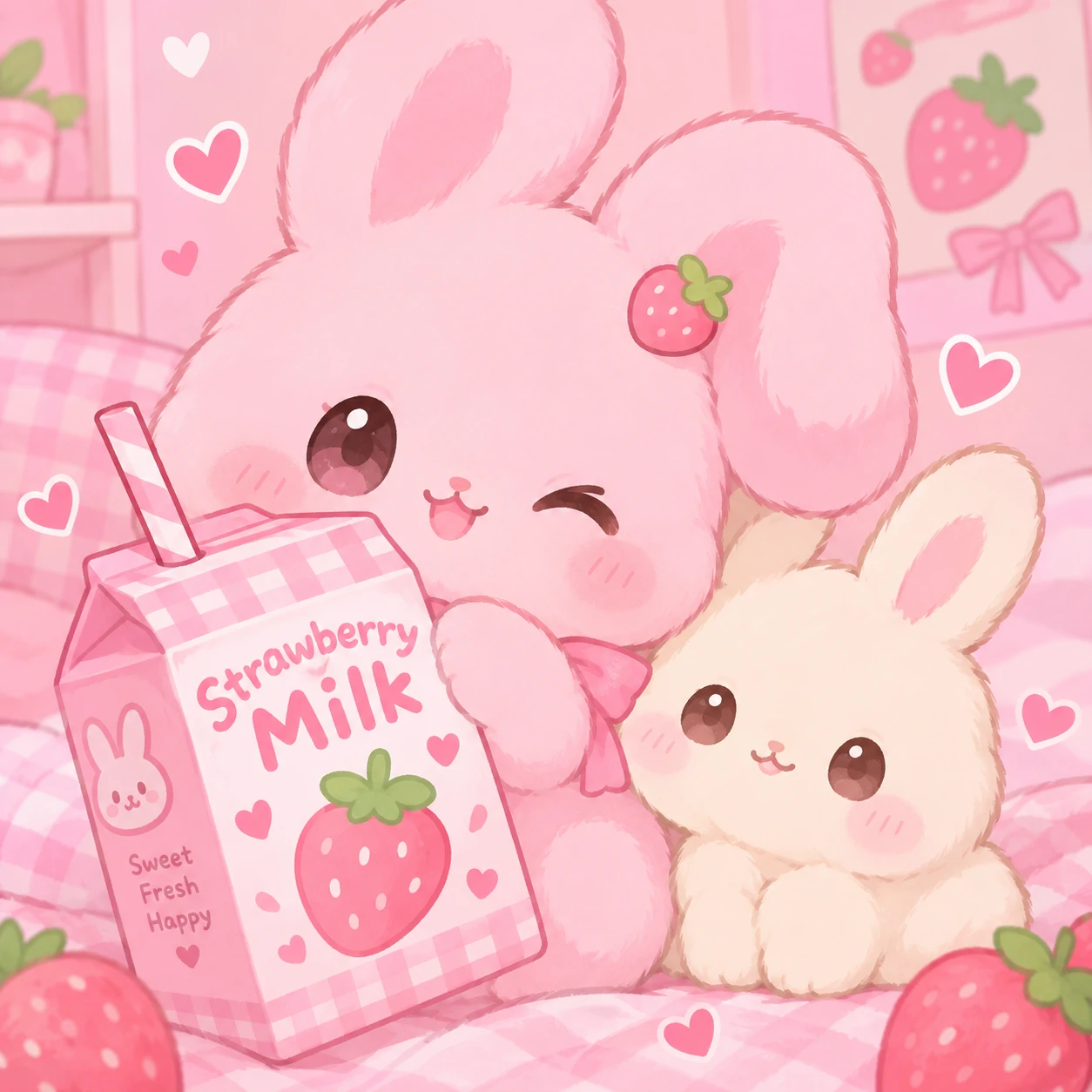 Pink bunny pfp with strawberry milk carton and cream-colored rabbit