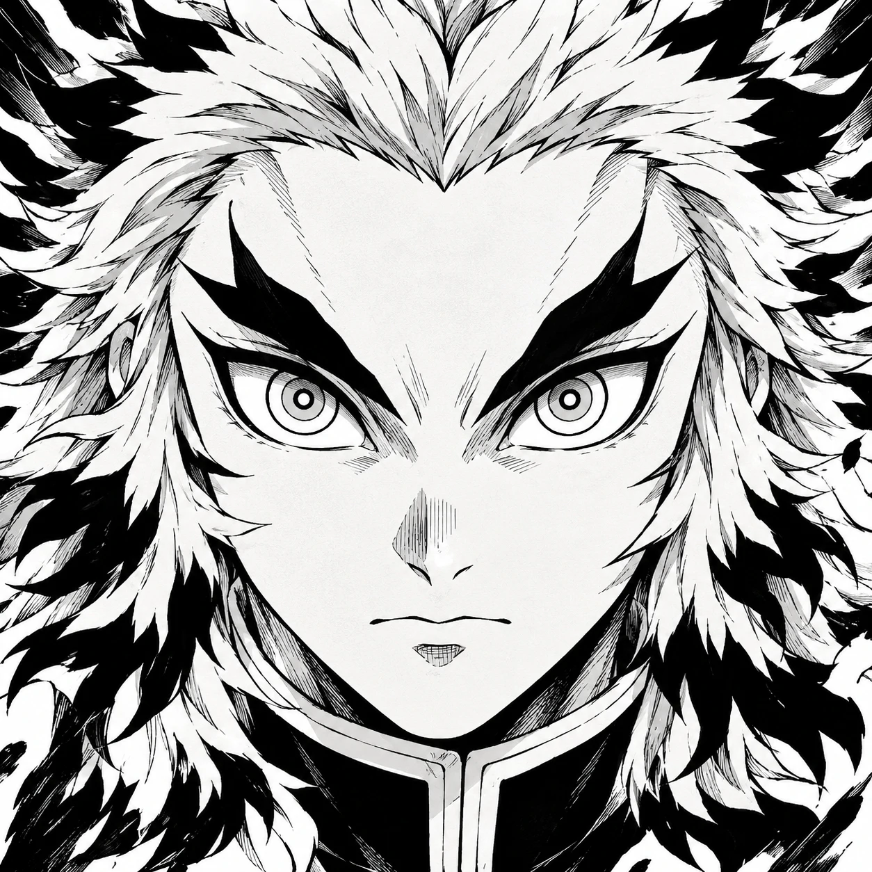 Rengoku manga panel with wide intense eyes and flame-shaped hair, black and white Hashira pfp