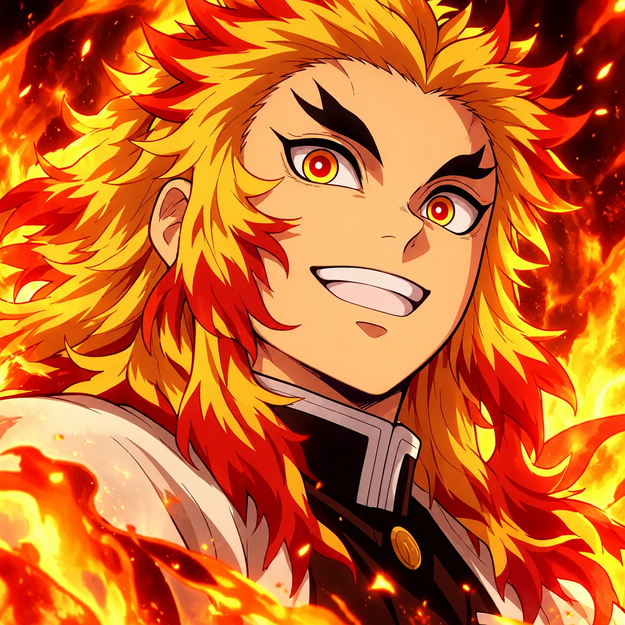 Kyojuro Rengoku smiling brightly with flame-colored hair and fire behind him, Flame Hashira pfp
