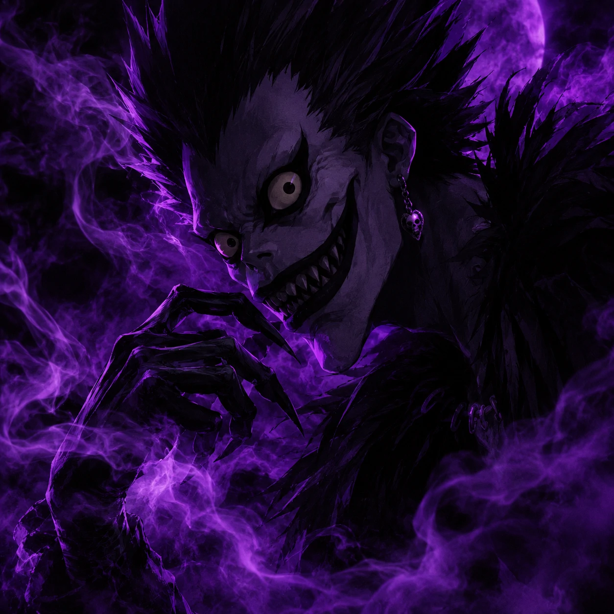 Aesthetic Ryuk PFP surrounded by purple smoke and dim violet light