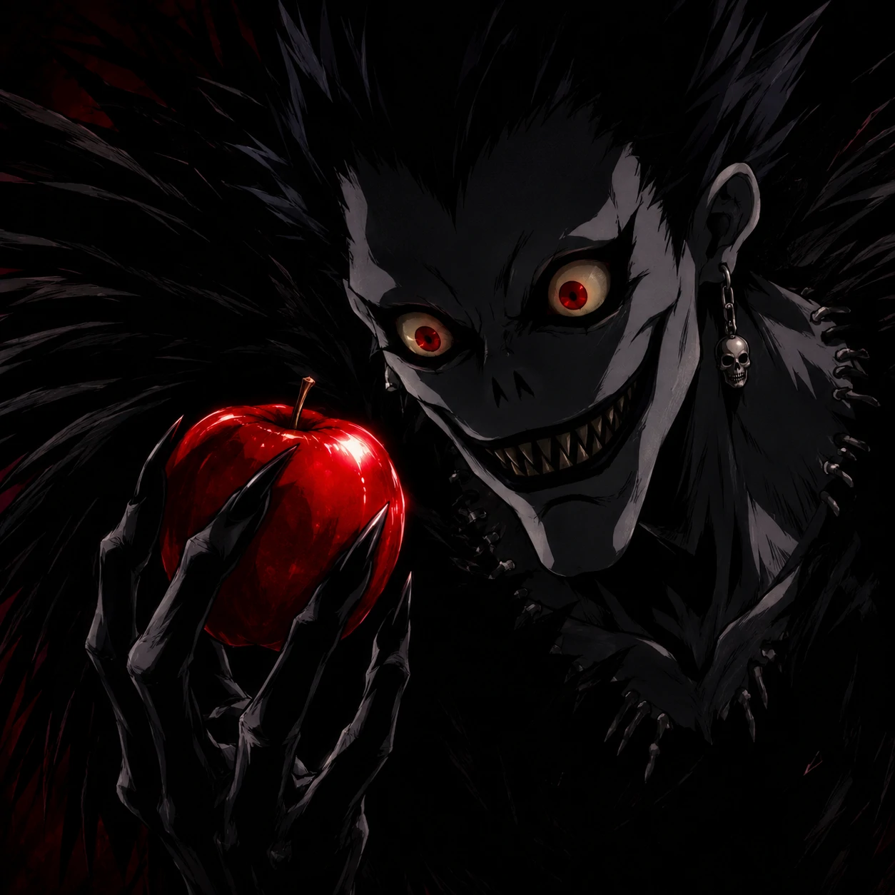 Ryuk PFP holding a red apple with his long black fingers