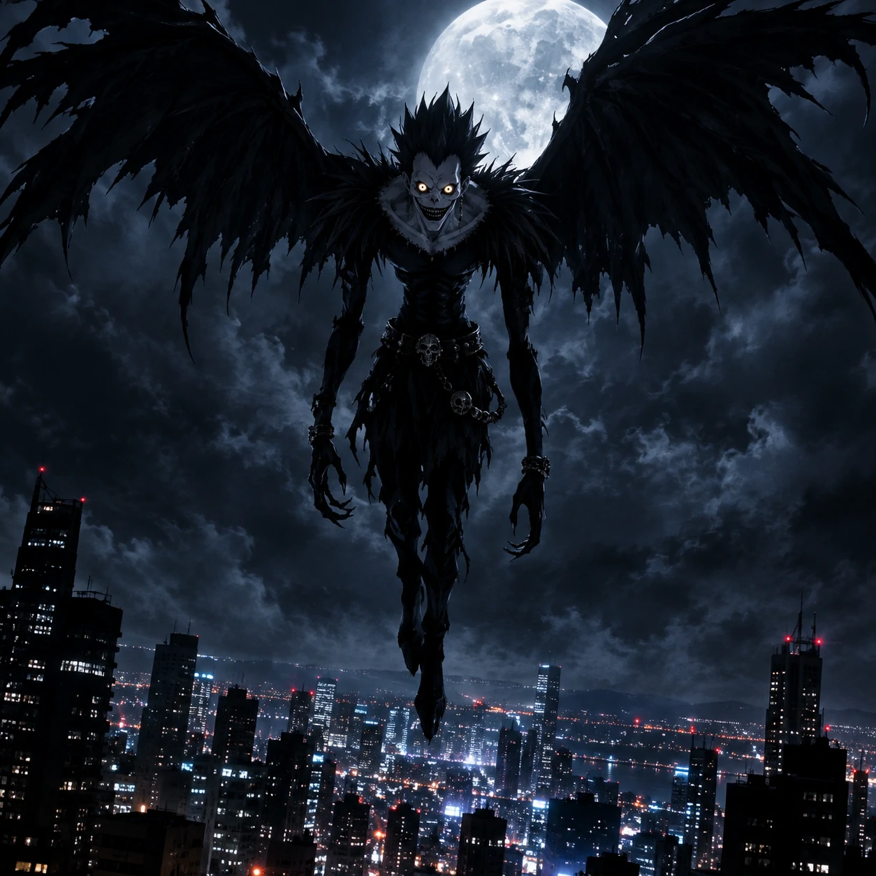 Ryuk PFP floating with black wings spread wide above the city