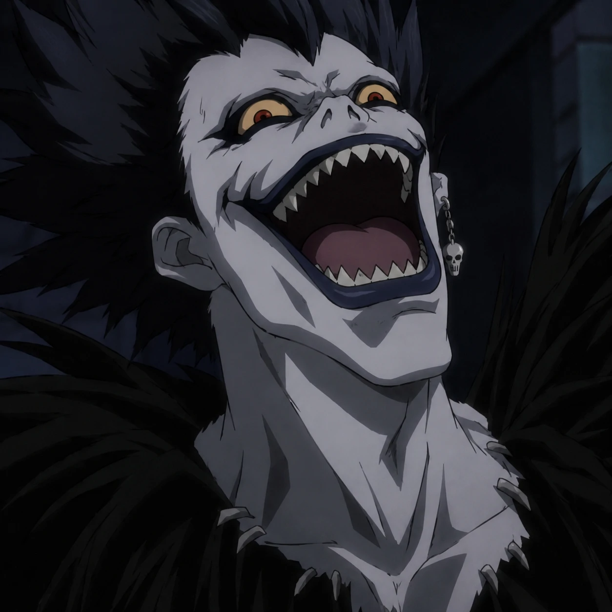 Ryuk PFP laughing hysterically in a classic anime still frame