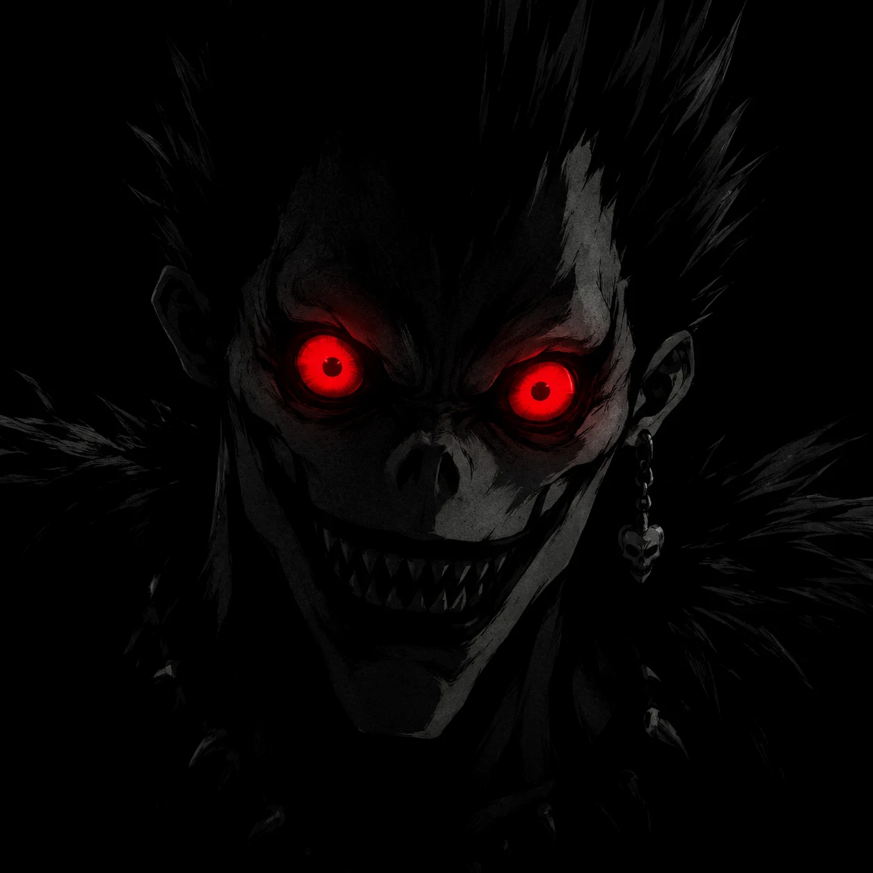 Ryuk PFP with glowing red eyes against a pitch-black background