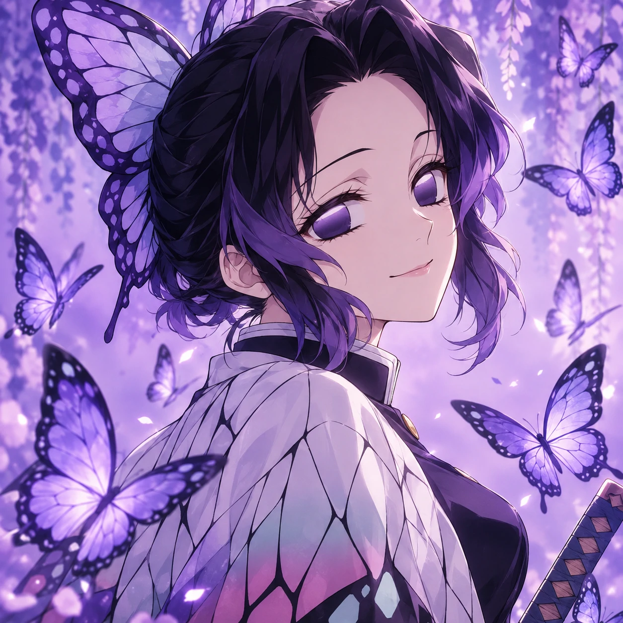 Shinobu Kocho smiling softly among purple butterflies, elegant Insect Hashira aesthetic pfp