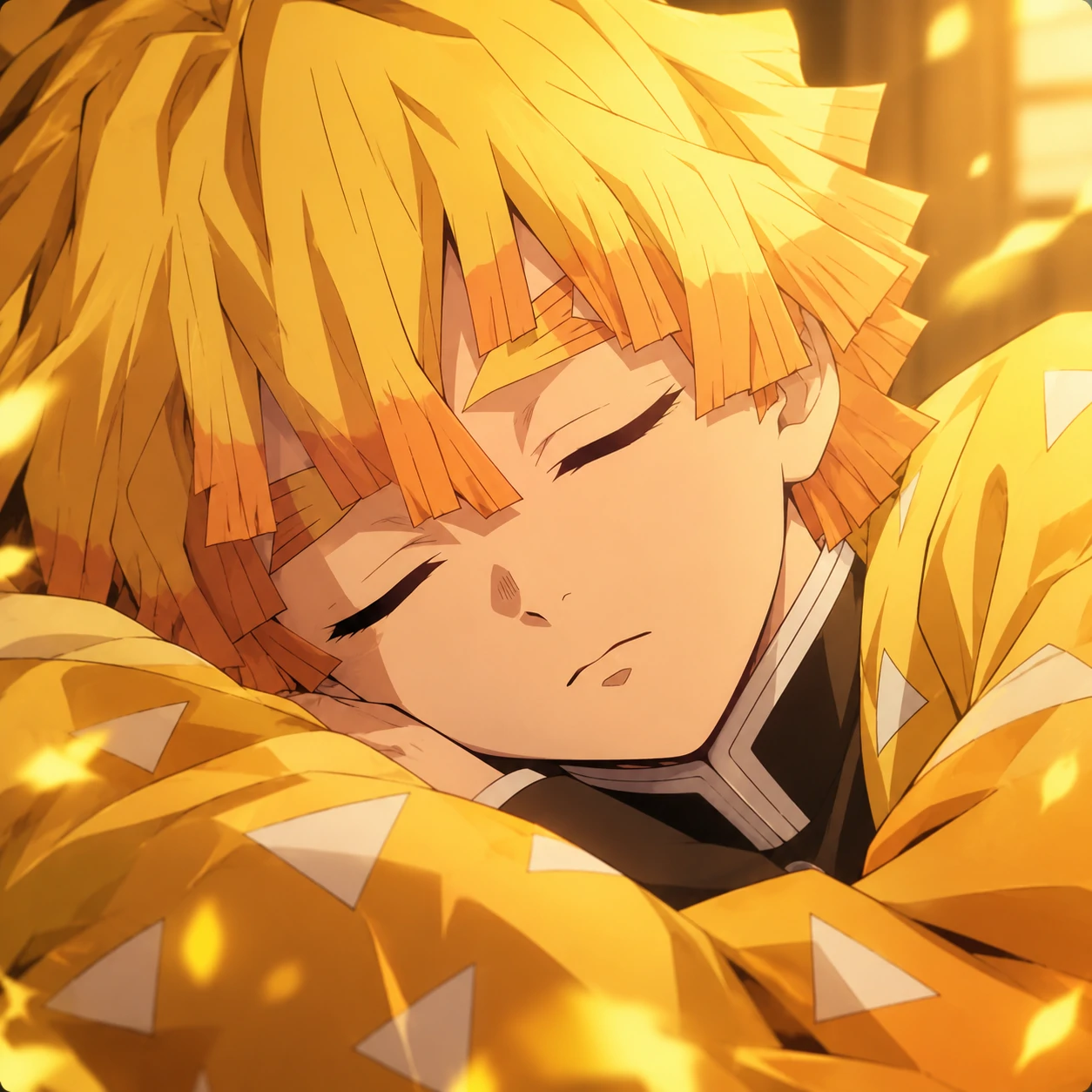 Sleeping Zenitsu with closed eyes and calm face, soft yellow aesthetic Demon Slayer icon