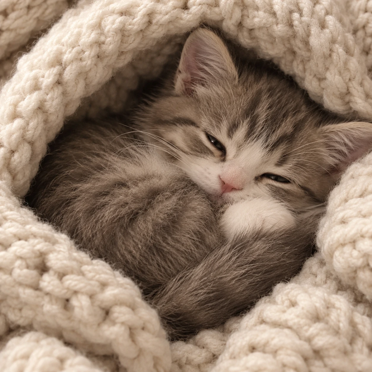 Sleepy cute cat PFP of a kitten curled up inside a knitted cream blanket