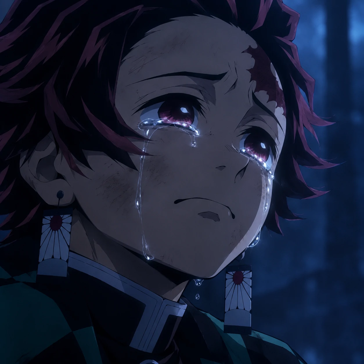 Tanjiro Kamado with tears in his eyes under soft blue light, emotional sad anime pfp