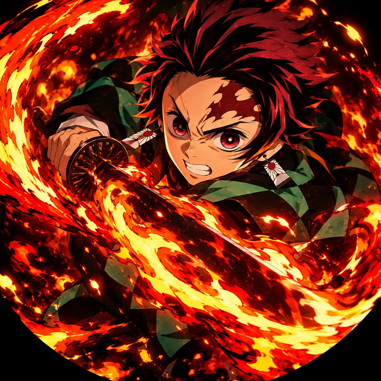 Tanjiro swinging his black Nichirin sword wrapped in Hinokami Kagura flames, fiery anime pfp