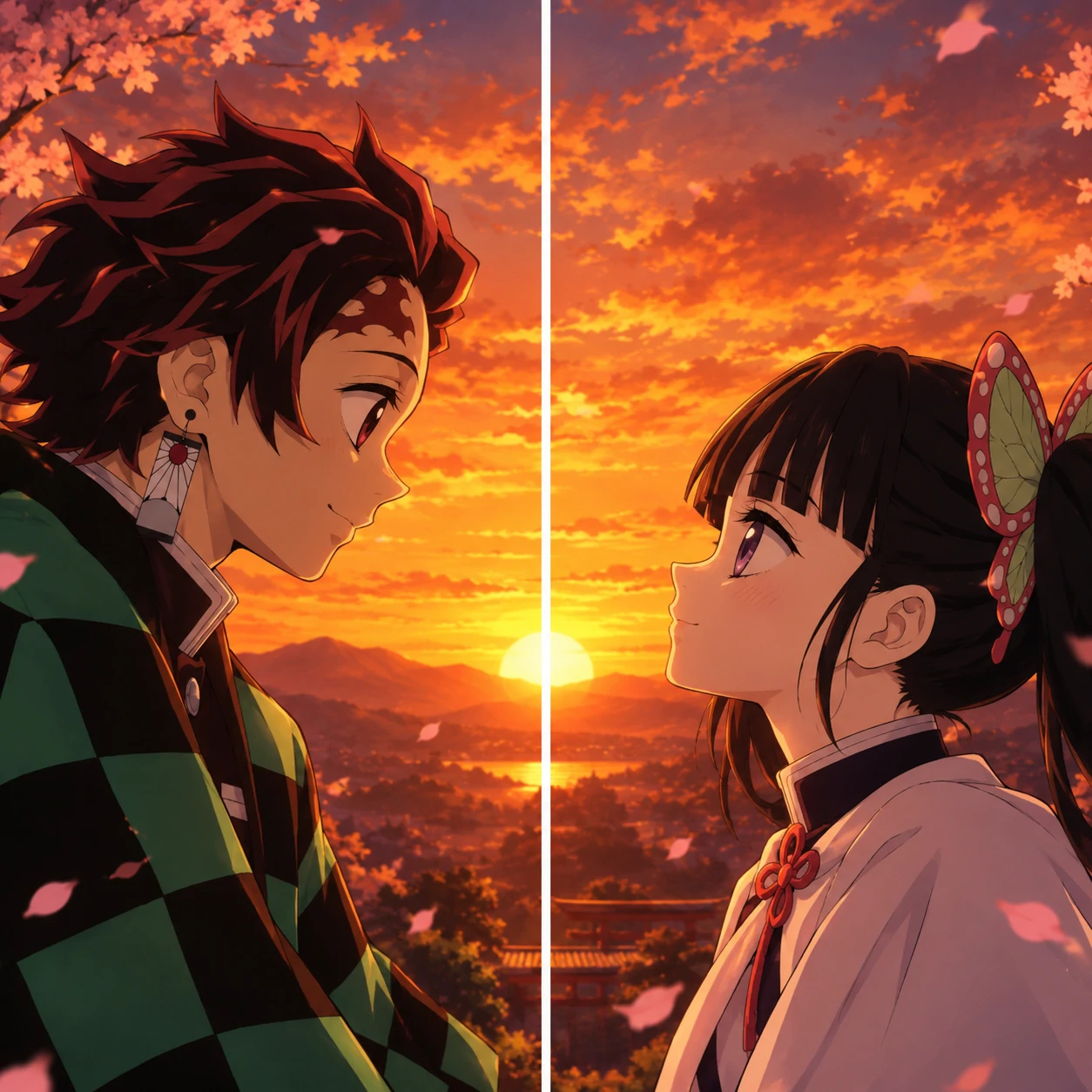 Tanjiro and Kanao matching pfp pair sharing a sunset background, couple Demon Slayer icons