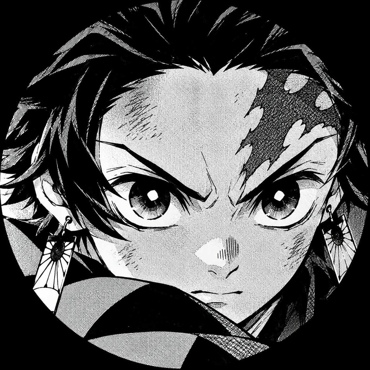 Black and white manga panel of Tanjiro with intense eyes and screentone shading, manga pfp