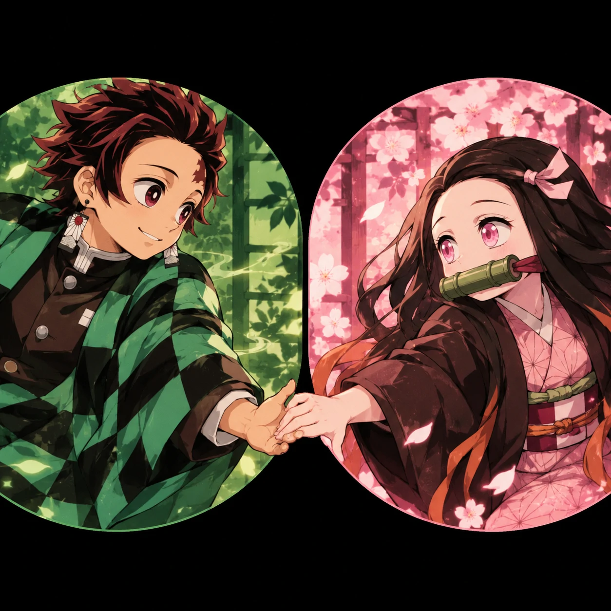 Tanjiro and Nezuko Kamado sibling matching pfp holding hands across two icons, cute anime pair