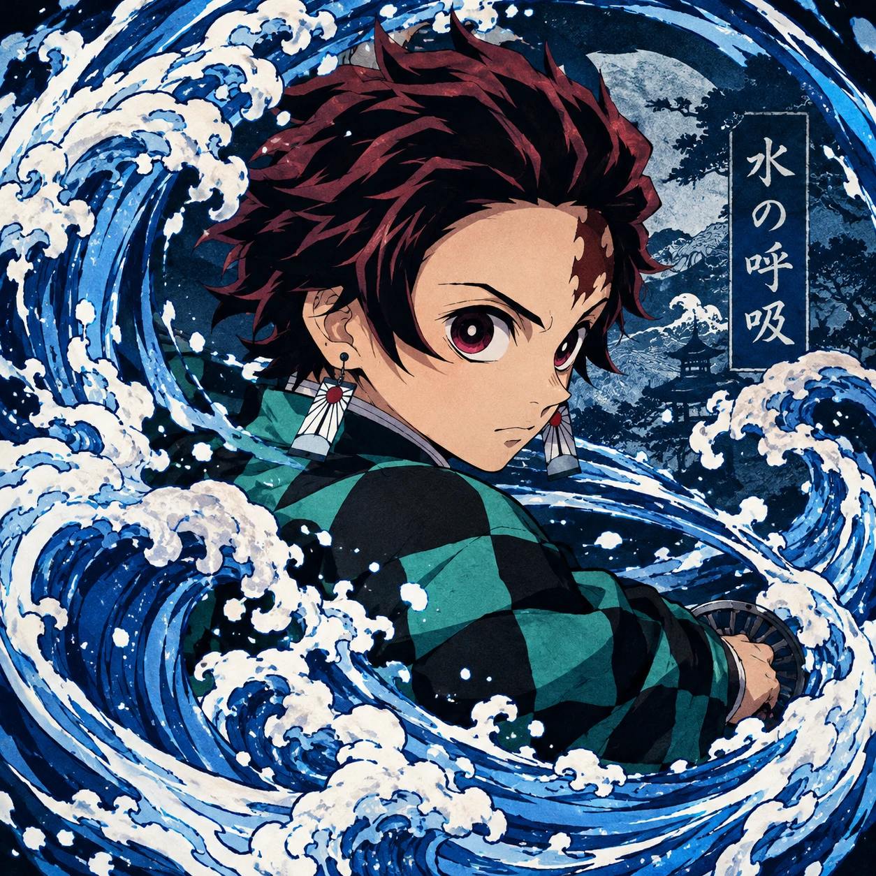 Tanjiro Kamado surrounded by blue Water Breathing waves in an aesthetic Demon Slayer profile picture