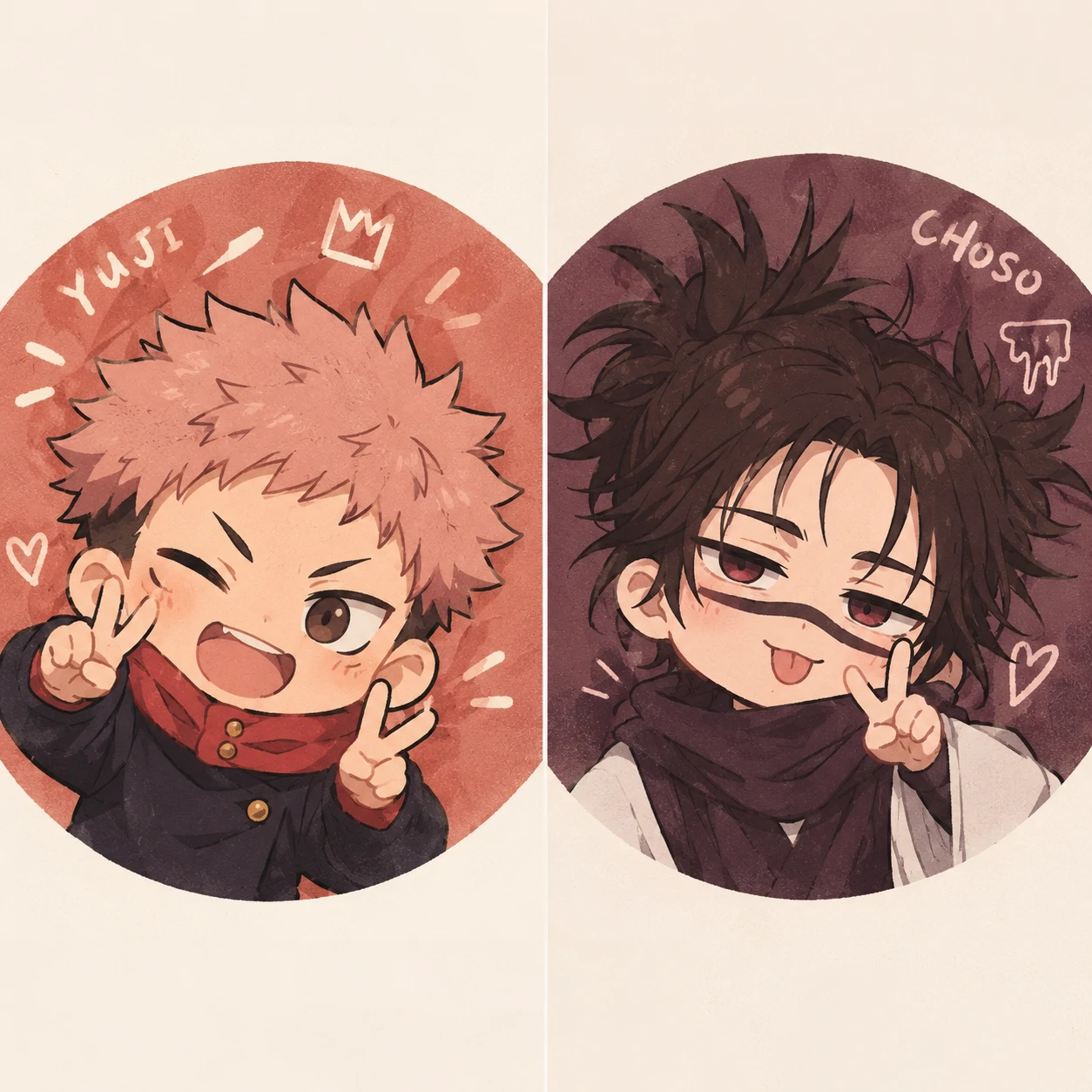 Cute chibi Yuji and Choso matching profile pictures with playful poses