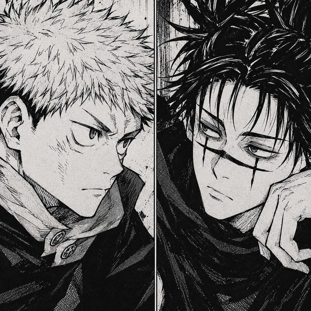 Manga style Yuji and Choso matching PFP duo with black ink linework