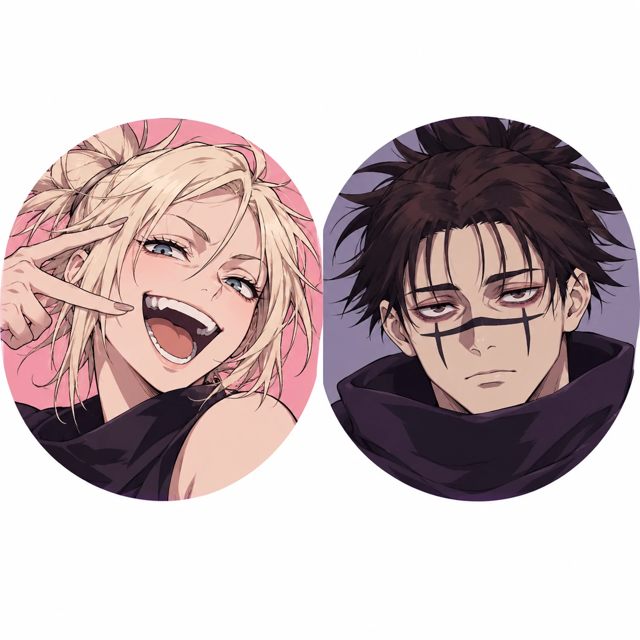Yuki x Choso matching icon set with mirrored expressions and clean backgrounds