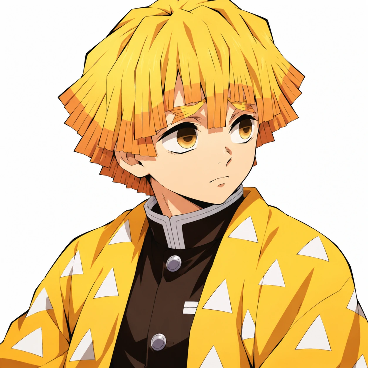 Zenitsu Agatsuma portrait in his yellow triangle-pattern haori on a white background, clean anime pfp