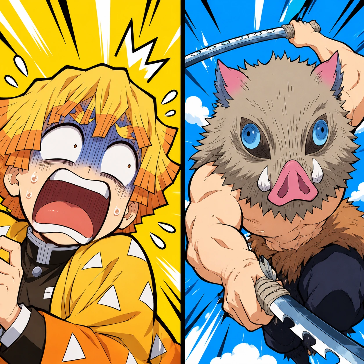 Zenitsu screaming and Inosuke charging in boar mask, funny best friend matching pfp