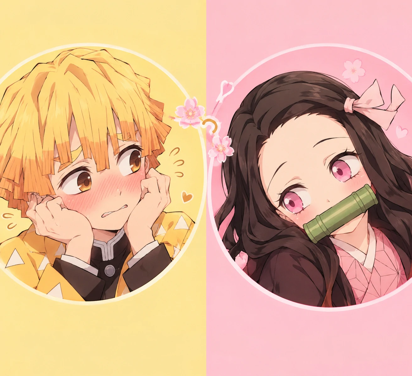 Zenitsu and Nezuko matching pfp with yellow and pink pastel backgrounds, cute couple icons
