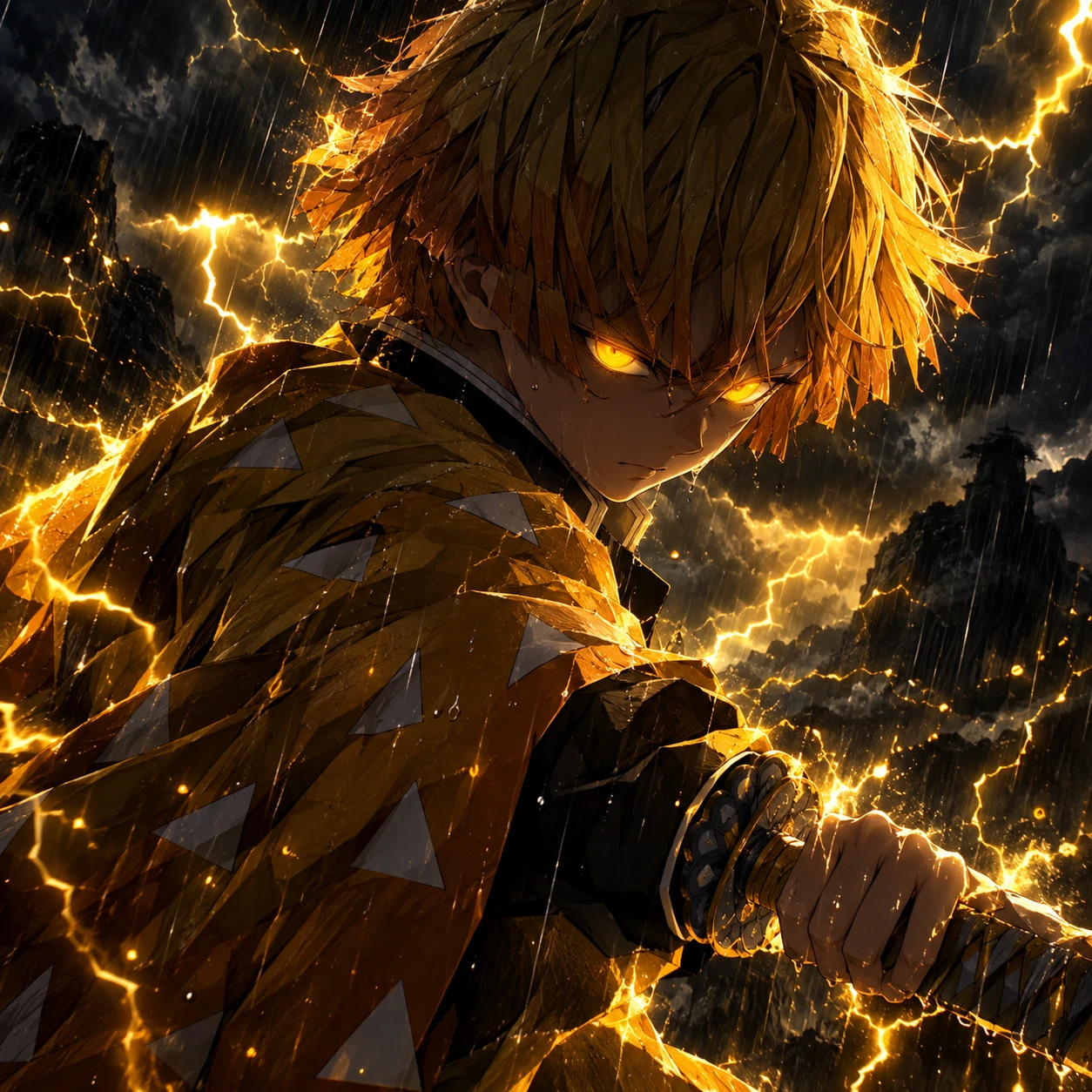 4K Zenitsu standing in a dark storm with glowing amber eyes, dramatic Demon Slayer pfp