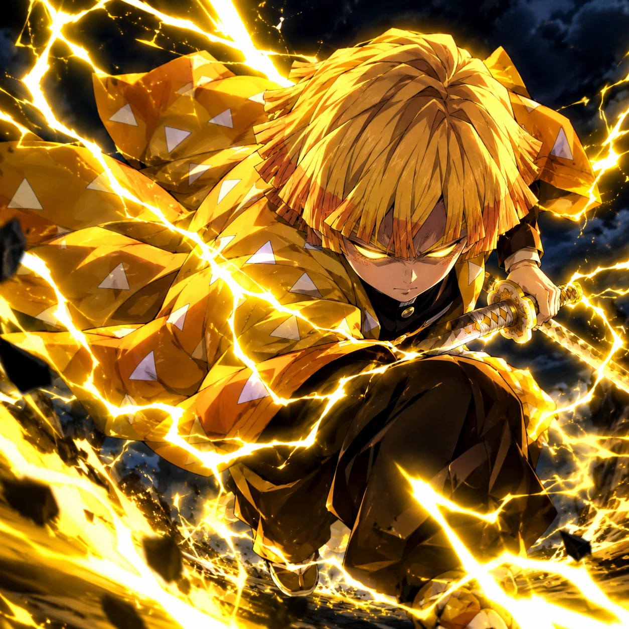Zenitsu dashing forward with golden lightning in Thunder Breathing First Form, cool anime pfp